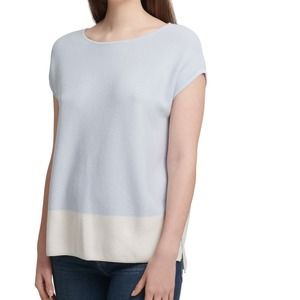 DKNY Women's Top Light Blue Size XL Knit Colorblock Boat Neck Split